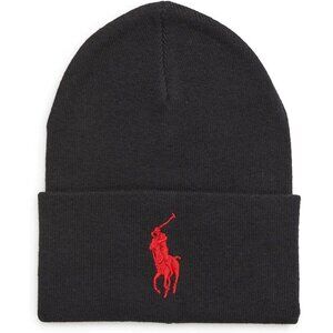 Polo Ralph Lauren Fall Winter Cuffed Acrylic Beanie Solid Big Logo Black Red